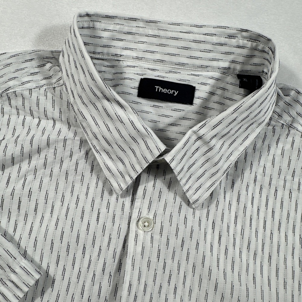 Theory Shirt Mens XL White Black Button Up Patterned Geometric Short Sleeve